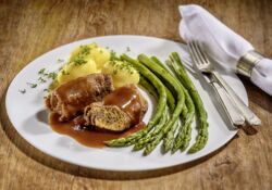 Beef roulade without pork bacon, filled with vegetables,