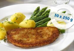 Fillet pork schnitzel XXL, butterflied, liquid seasoning, breaded,