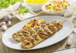 Tandoori turkey breast skewers, piquantly seasoned,