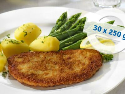 Fillet pork schnitzel XXL, butterflied, liquid seasoning, breaded,